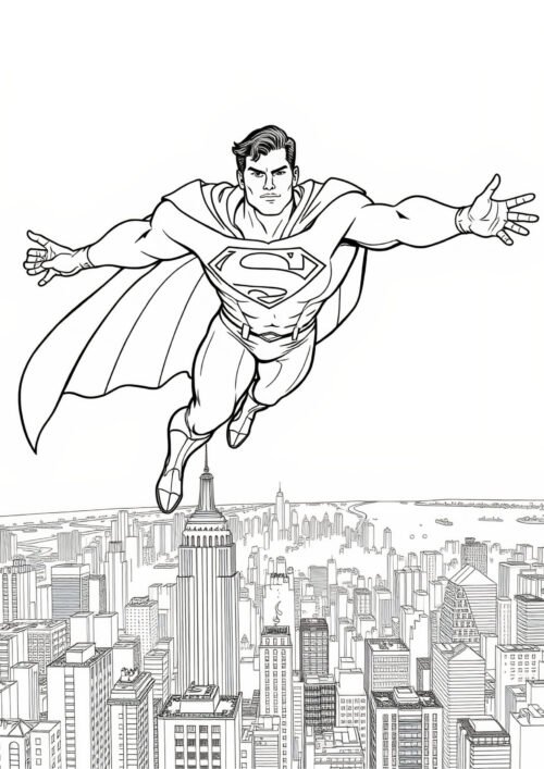 Superman Flies high in the sky Coloring Page For Kids – Free Activity PDF Download