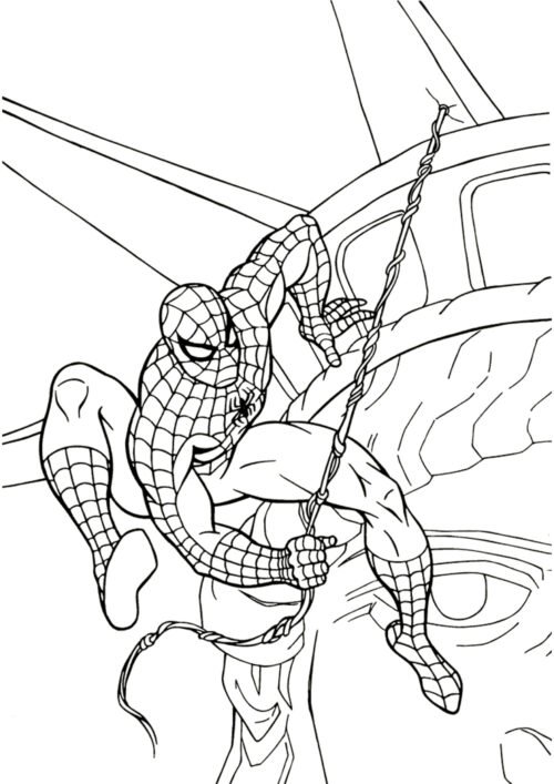 Spiderman swinging in his rope Coloring Page For Kids – Free Activity PDF Download
