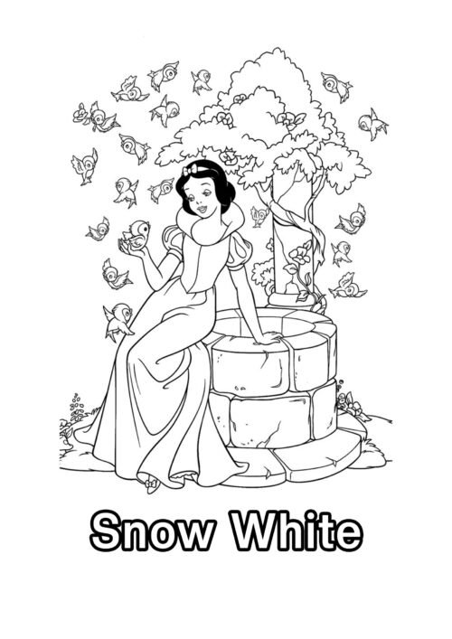 Snow White With Birds Coloring Page For Kids – Free Activity PDF Download