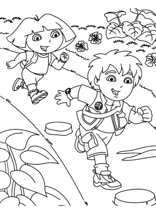 Dora And Diego Running Adventure Coloring Page For Kids – Free Activity PDF Download