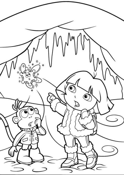 Dora Winter Adventure With Boots Coloring Page For Kids – Free Activity PDF Download