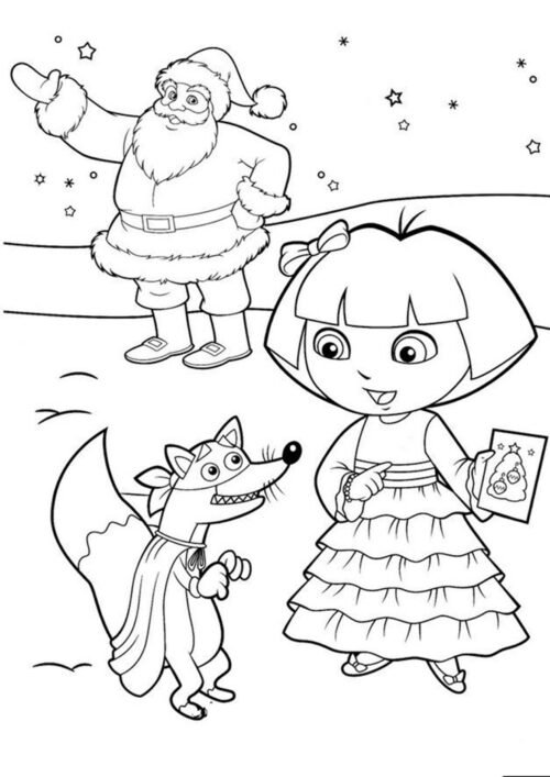 Dora Christmas Scene Coloring Page For Kids – Free Activity PDF Download