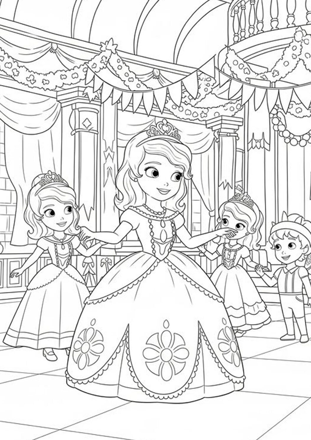 Princess Sofia Palace Dance Party Coloring Page For Kids – Free Activity PDF Download