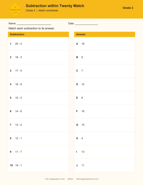 Subtraction within Twenty Match - Grade 2