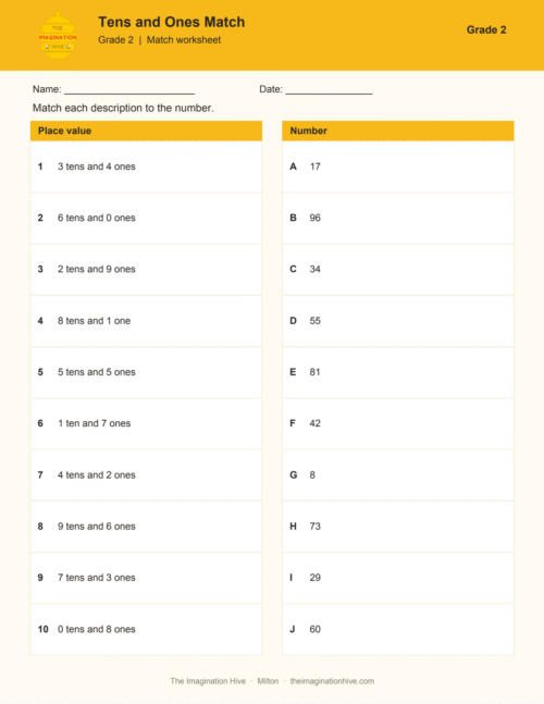 Tens and Ones Match - Grade 2