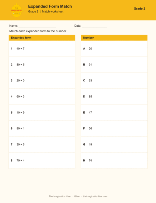 Expanded Form Match - Grade 2