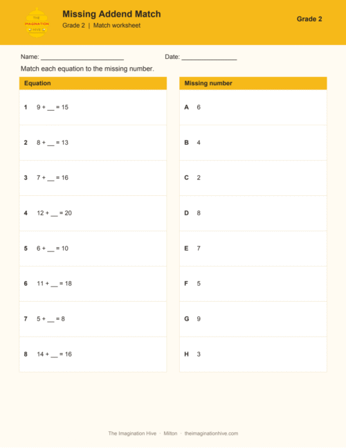 Missing Addend Match - Grade 2