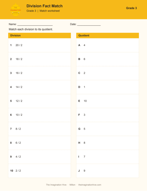 Division Fact Match - Grade 3
