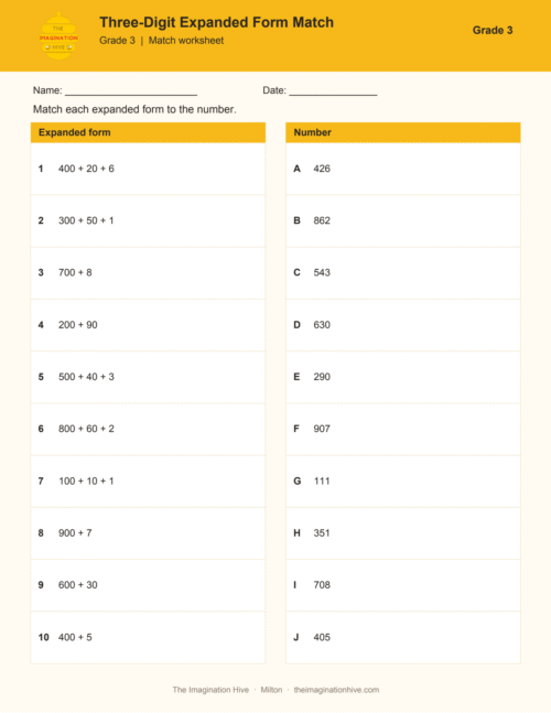 Three-Digit Expanded Form Match - Grade 3