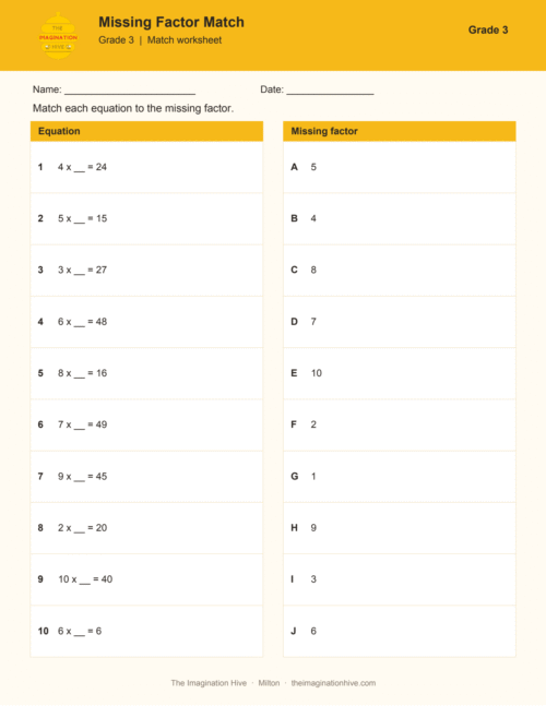 Missing Factor Match - Grade 3