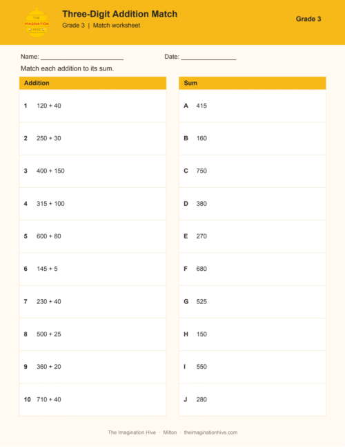 Three-Digit Addition Match - Grade 3
