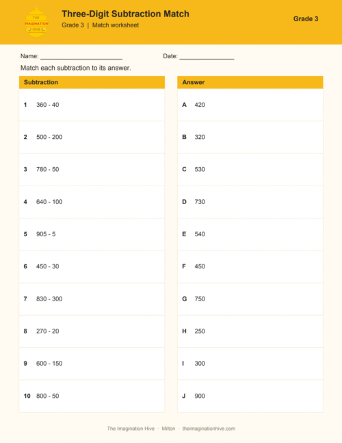 Three-Digit Subtraction Match - Grade 3