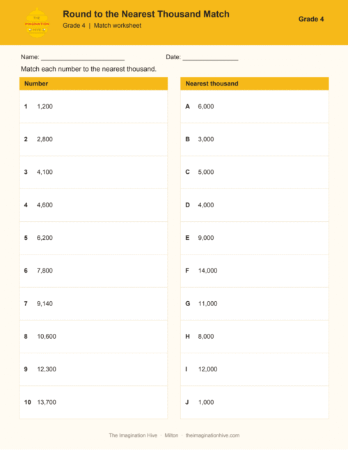 Round to the Nearest Thousand Match - Grade 4