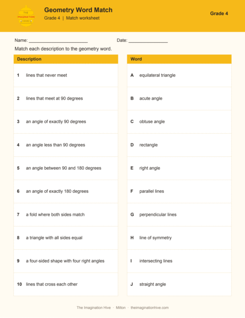 Geometry Word Match - Grade 4