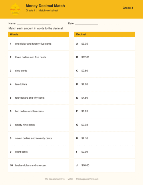 Money Decimal Match - Grade 4
