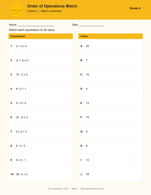Order of Operations Match - Grade 4
