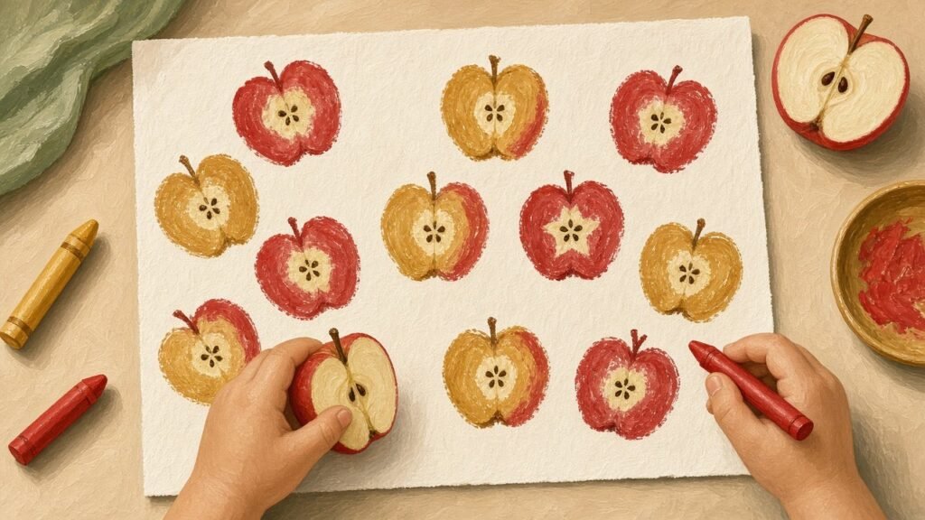 A child stamping paint with a cut apple