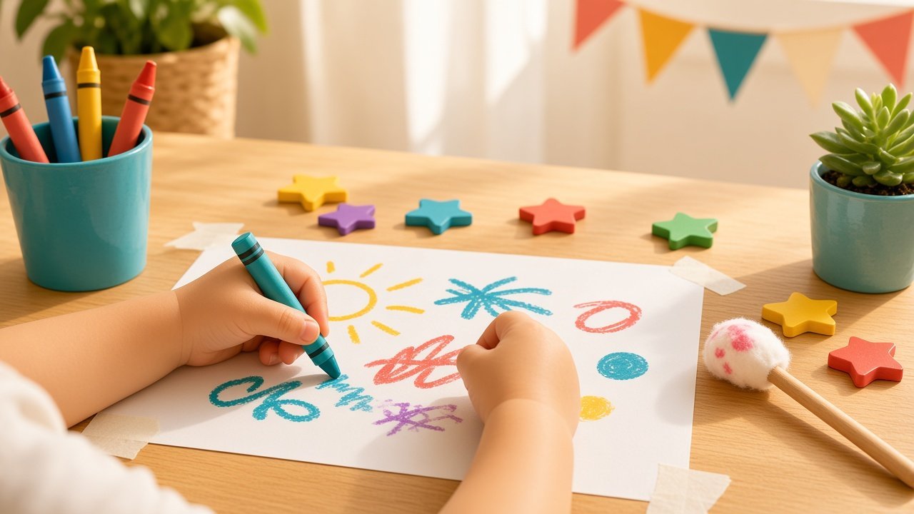 Large paper, one crayon, and stickers for a two-year-old