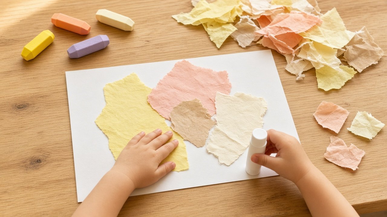 Torn paper, a glue stick, and chunky crayons for a three-year-old