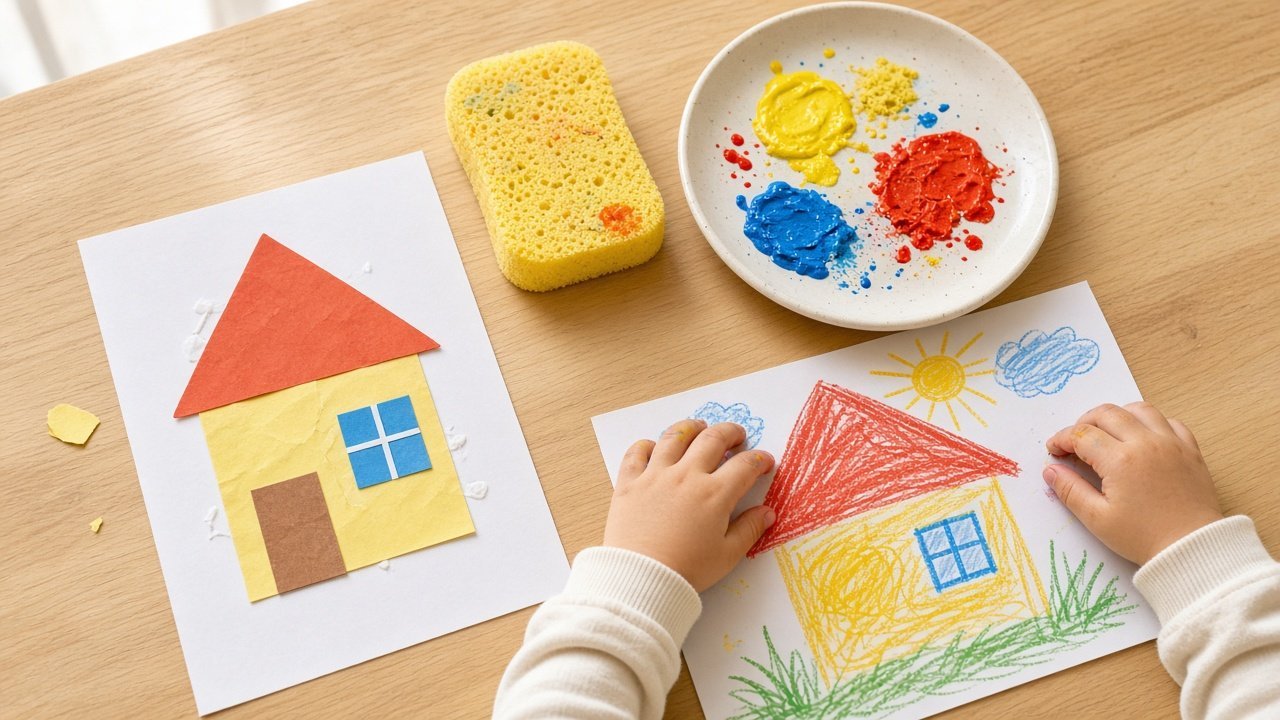 Paper shapes, a sponge, and a drawing with thick lines