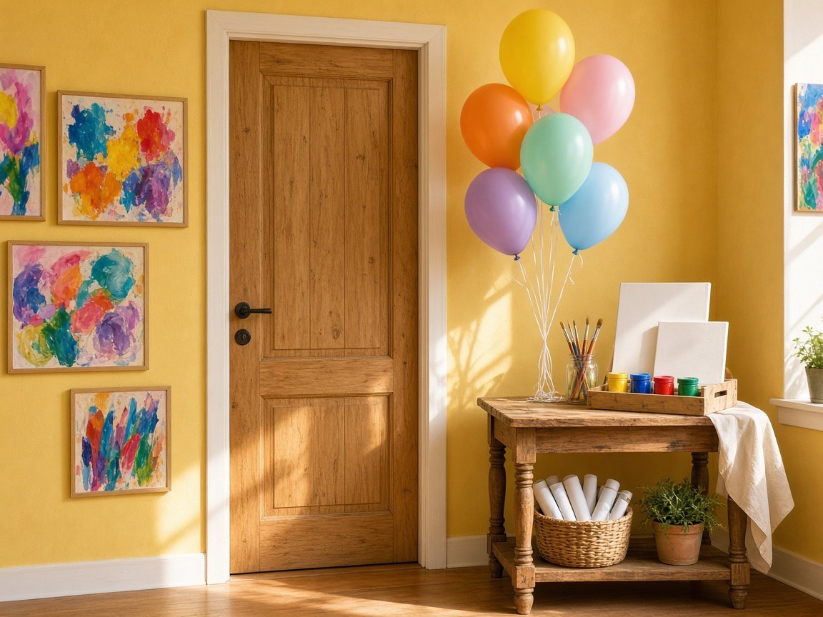 A studio door with balloons, canvases, and paint set out for a birthday