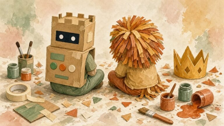 Cardboard costumes including a robot and a paper lion mane