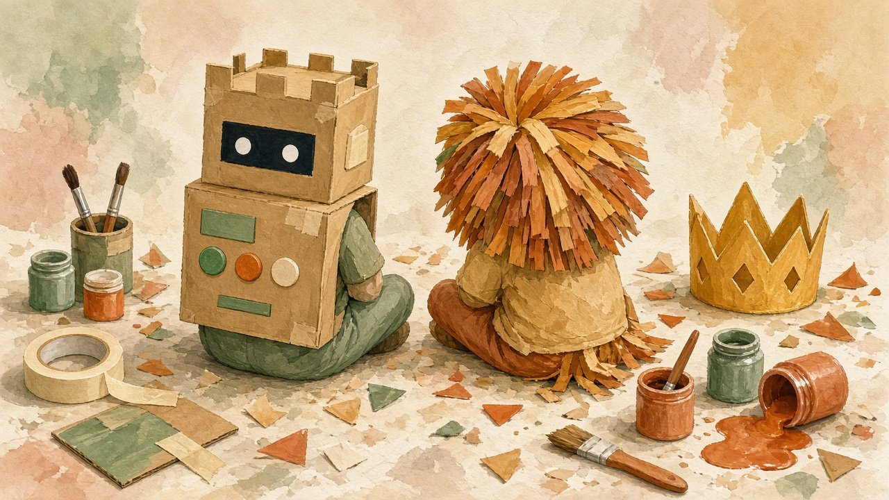 Cardboard costumes including a robot and a paper lion mane