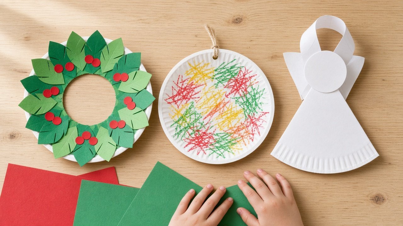 A paper plate wreath, ornament, and angel
