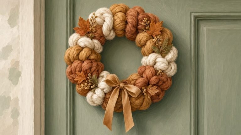 A chunky yarn wreath in honey and terracotta on a door