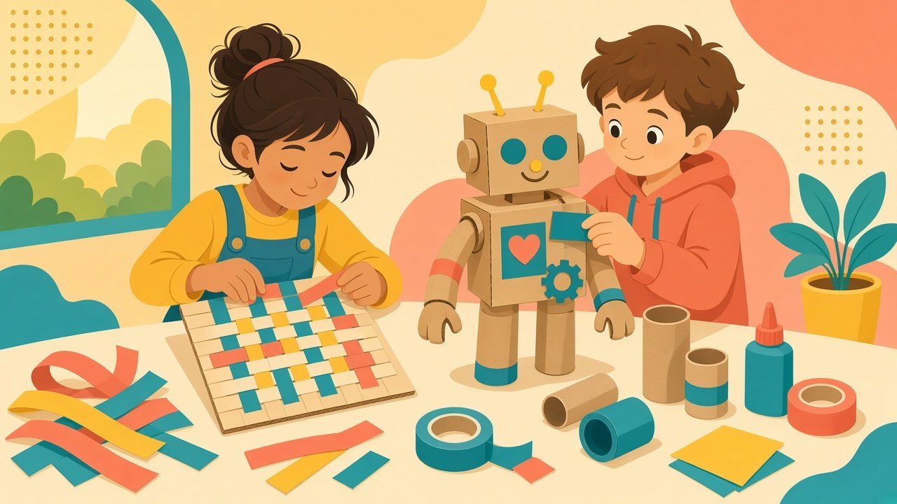 Children weaving paper and building a cardboard craft
