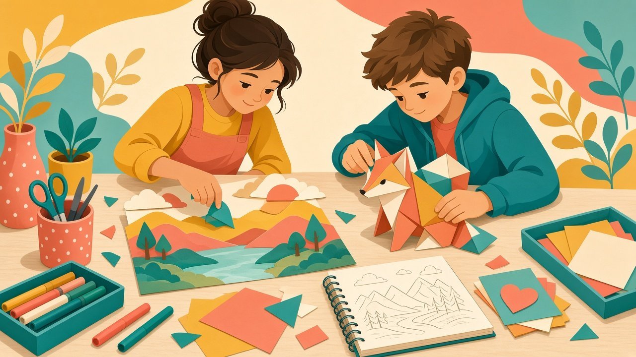 Older children making a paper collage and a folded animal