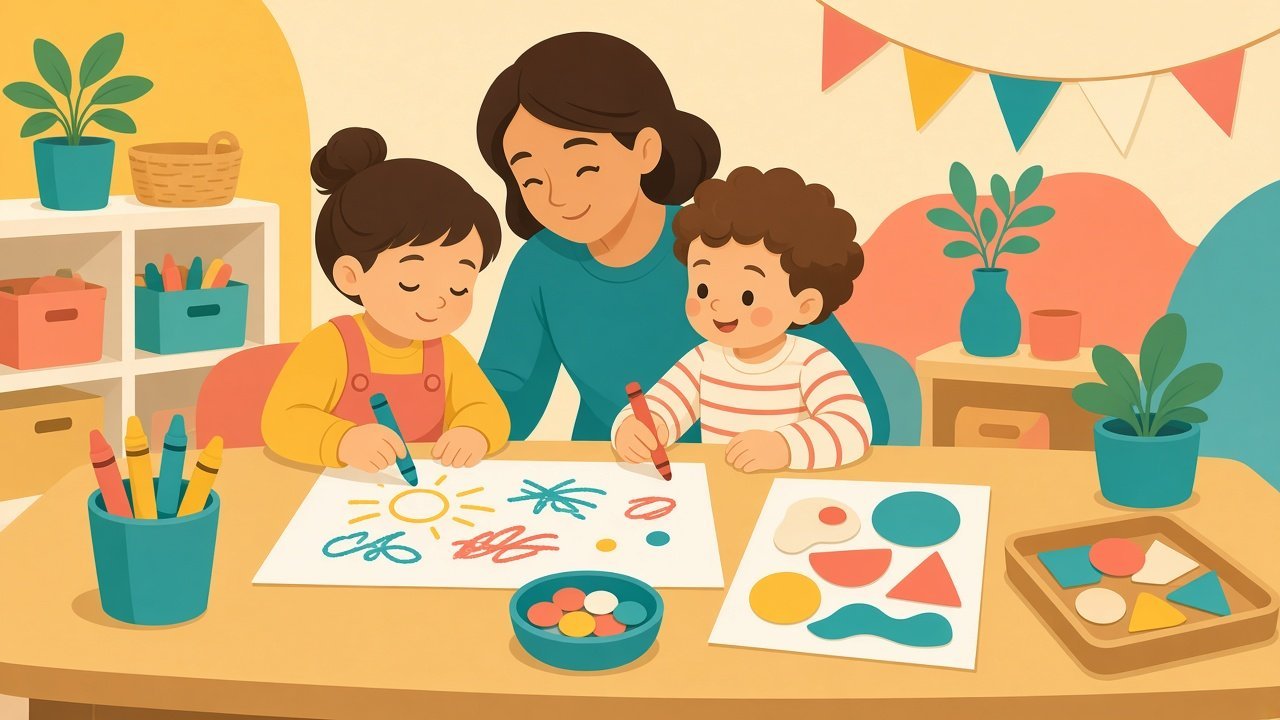 Toddlers and a caregiver at a daycare art table