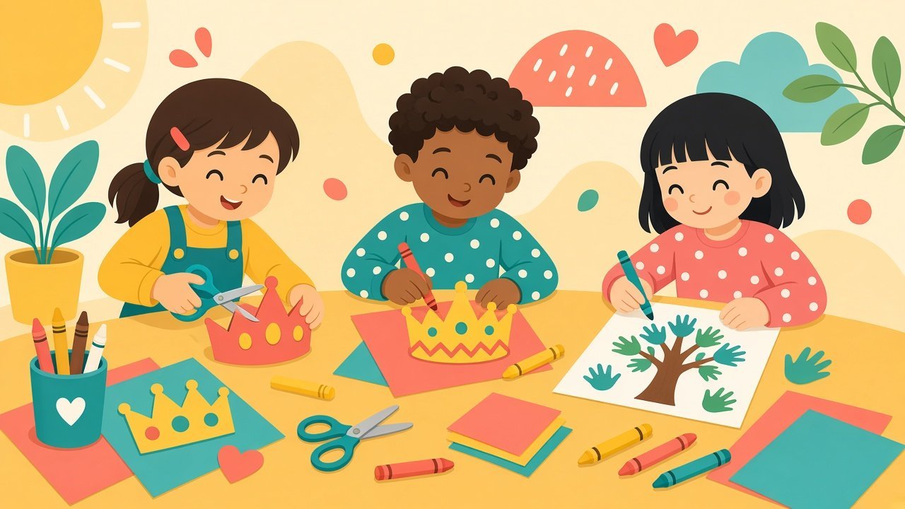 Kindergarten children making paper crowns