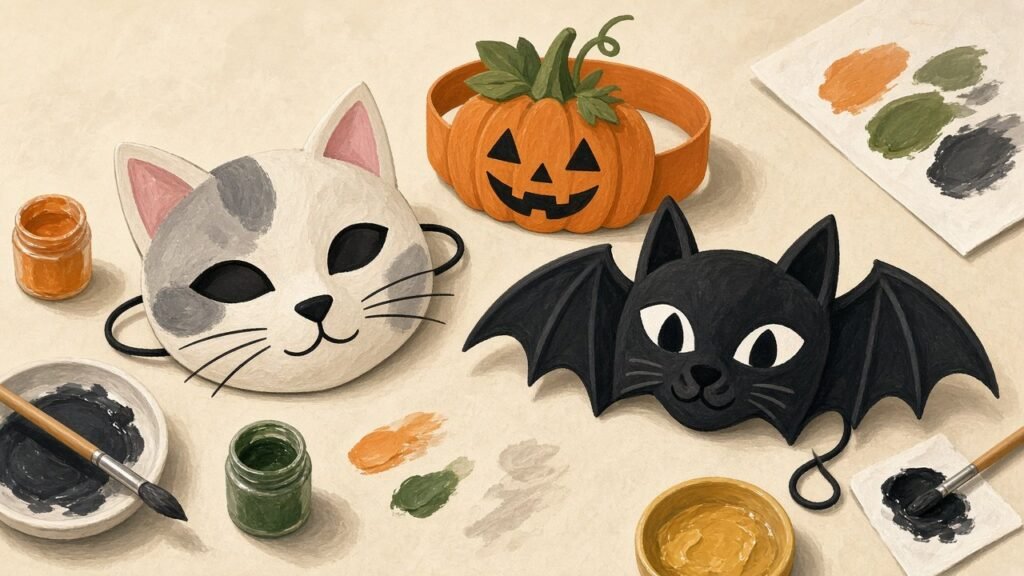 Paper Halloween masks and a pumpkin headband on a craft table