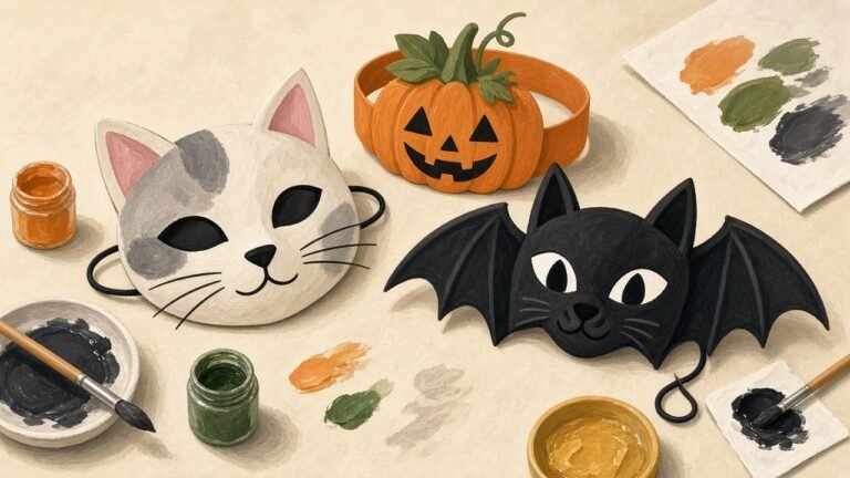 Paper Halloween masks and a pumpkin headband on a craft table