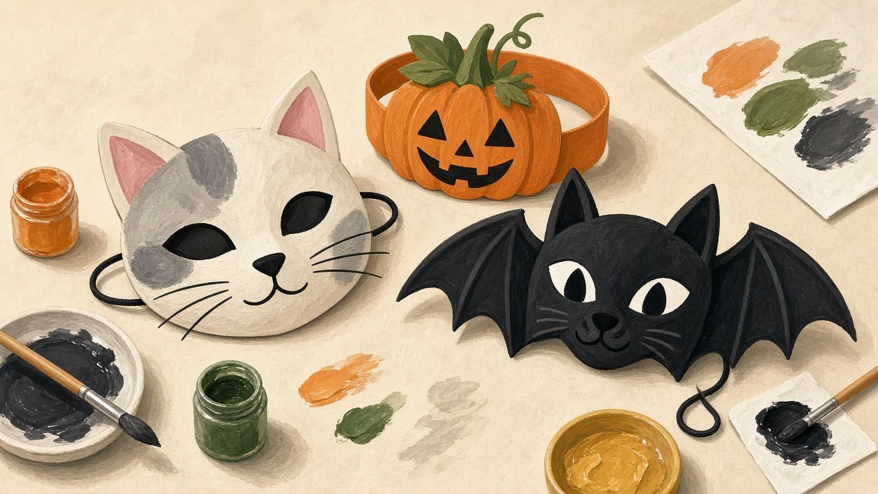 Paper Halloween masks and a pumpkin headband on a craft table