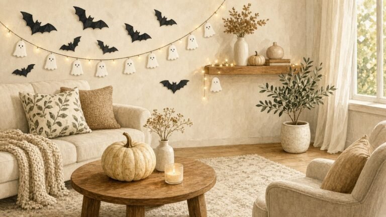 Gentle indoor Halloween decor with paper bats and a ghost garland