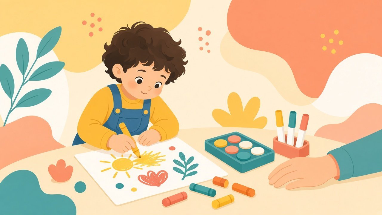 A three-year-old making a simple sticker and crayon craft