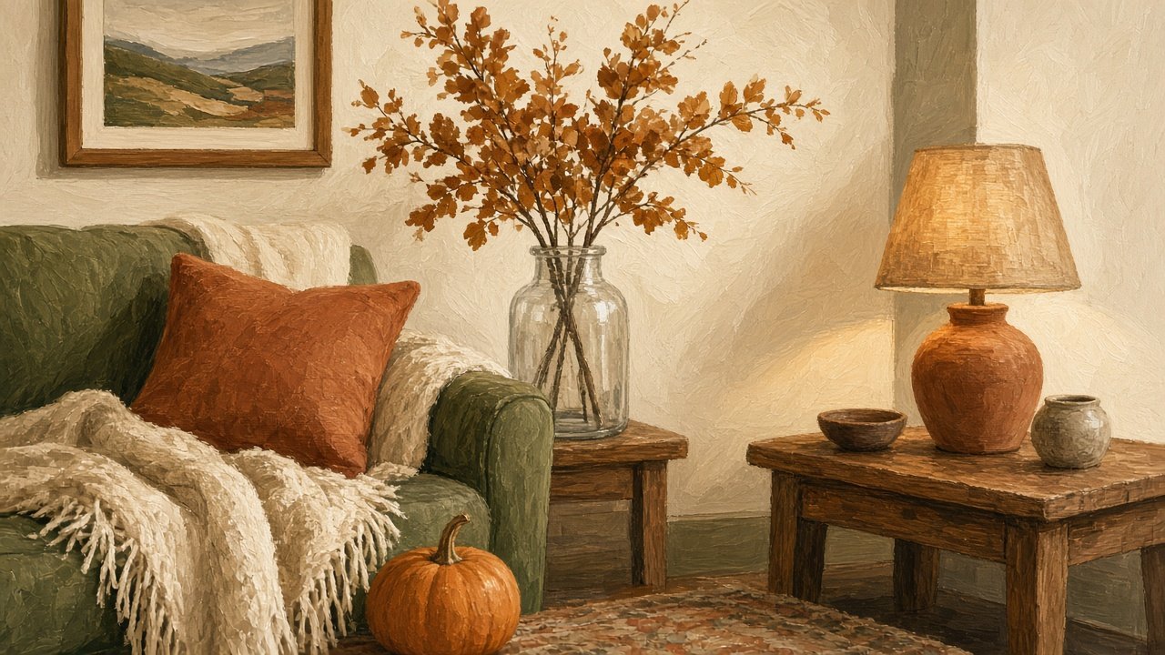 A cozy autumn corner with a throw, pumpkin, and warm lamp