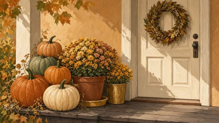 A fall porch with pumpkins, mums, and a simple wreath
