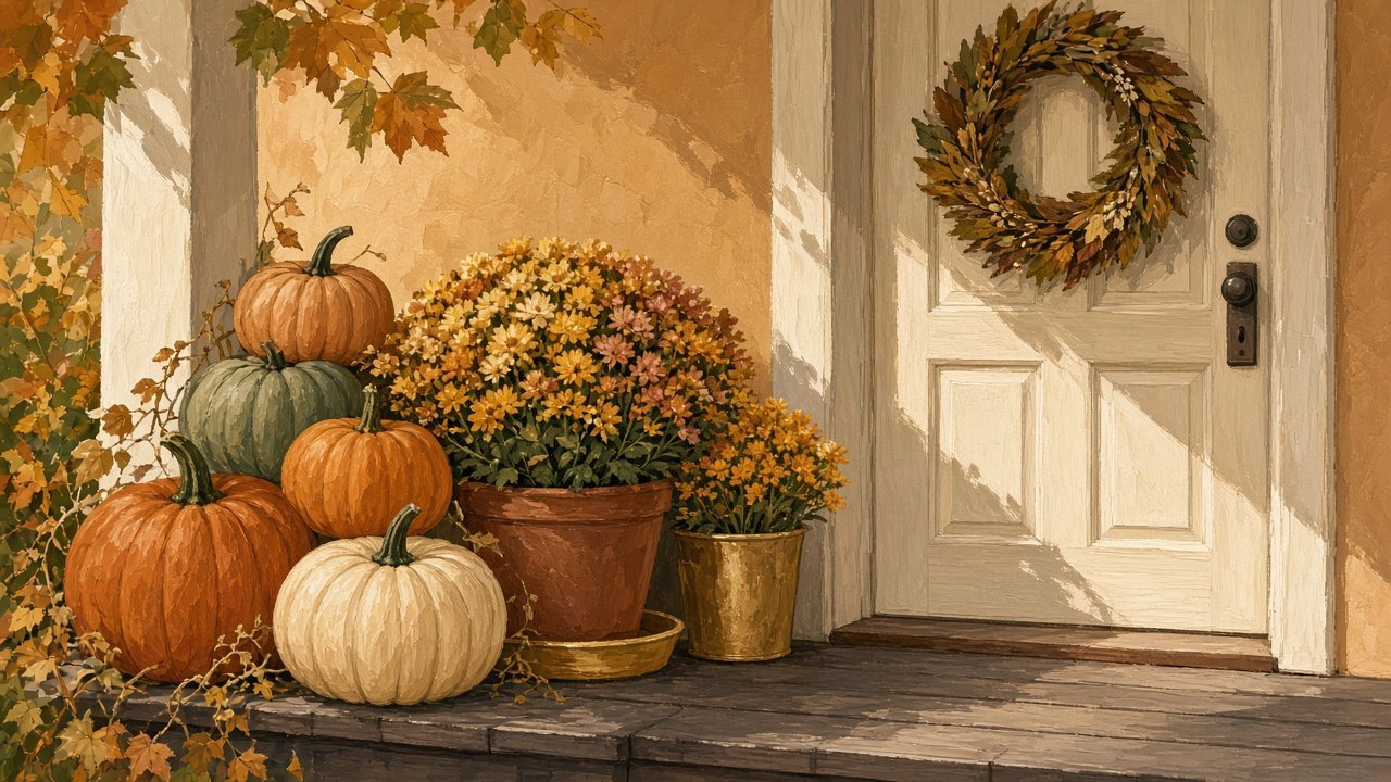 A fall porch with pumpkins, mums, and a simple wreath