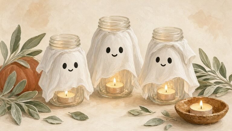 Mason jar ghost lanterns glowing on a table