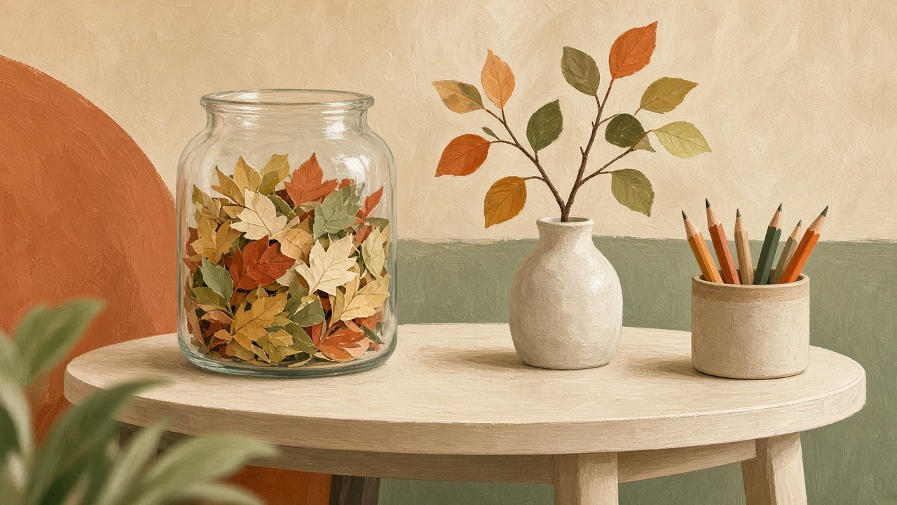A jar of paper leaves and a branch set up as a gratitude station