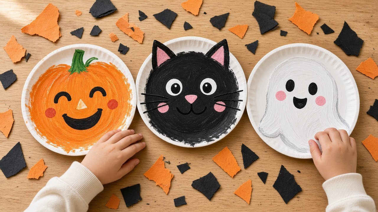 Friendly paper plate pumpkin, cat, and ghost