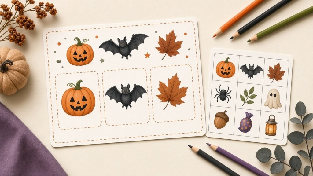 A Halloween scavenger hunt sheet and bingo card on a table