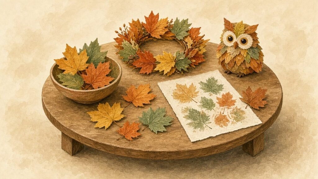 Fall leaf crafts made with children on a low table
