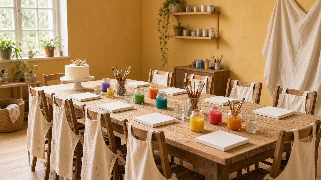 A long studio table set with canvases, paint jars, aprons, and a birthday cake