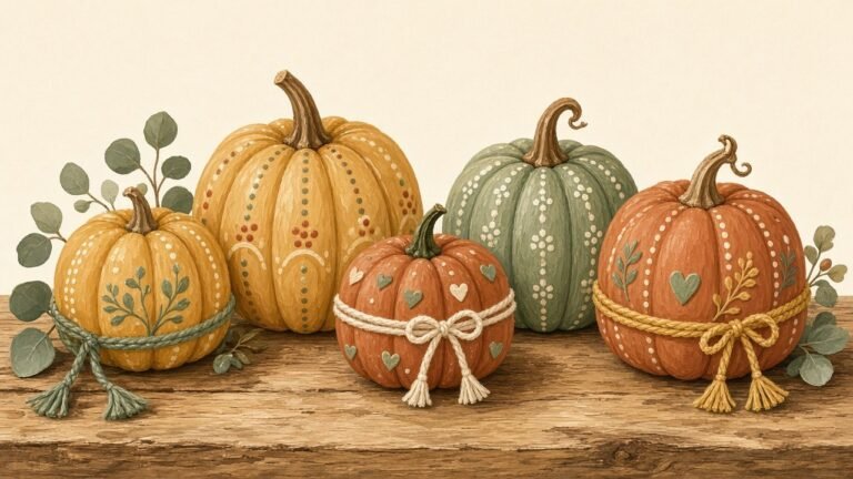 Uncarved pumpkins decorated with paint, yarn, and leaves