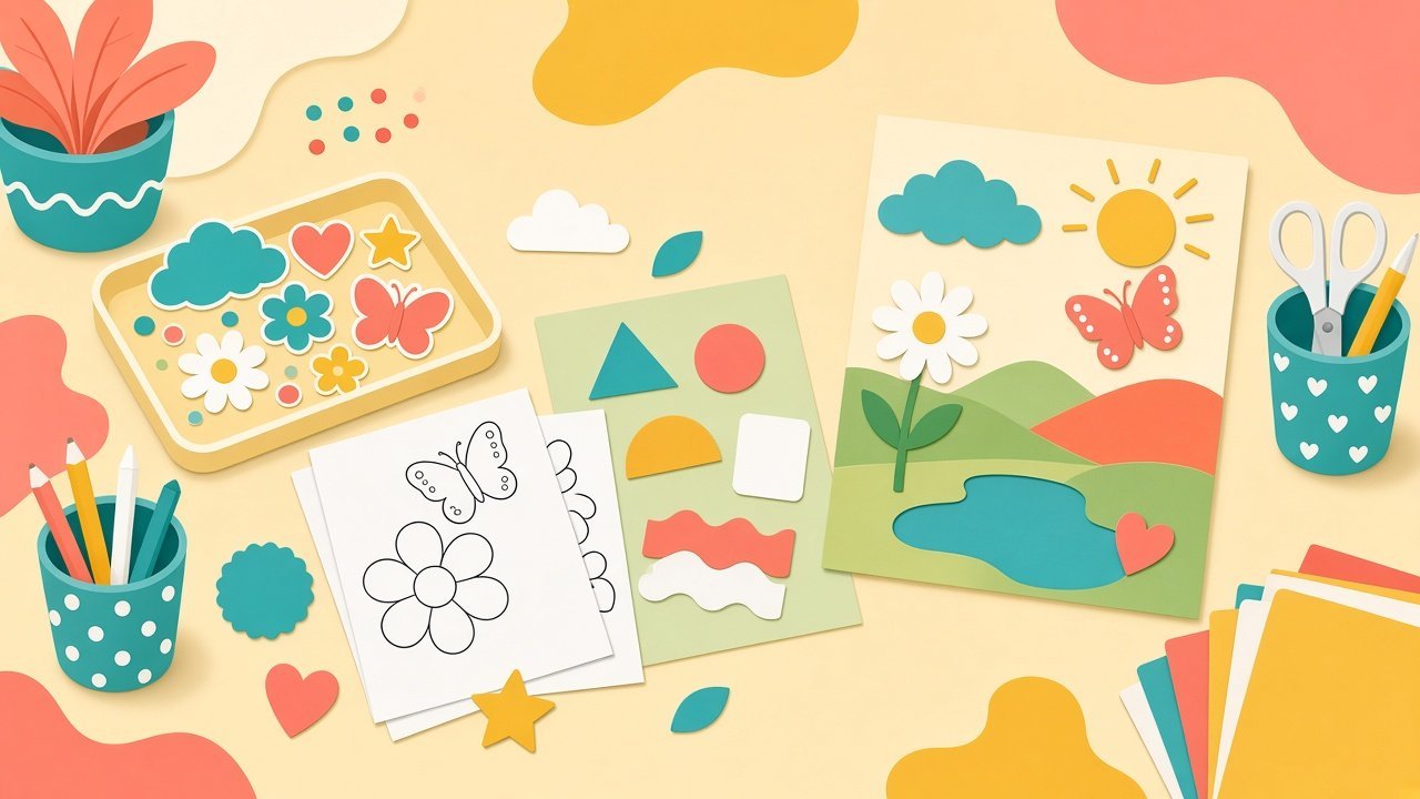 A tidy table with stickers, paper shapes, and a finished collage