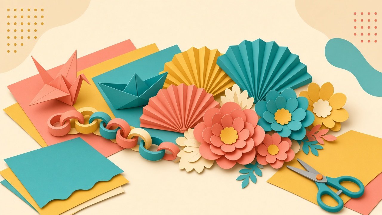 Paper chains, fans, and folded animals on a craft table